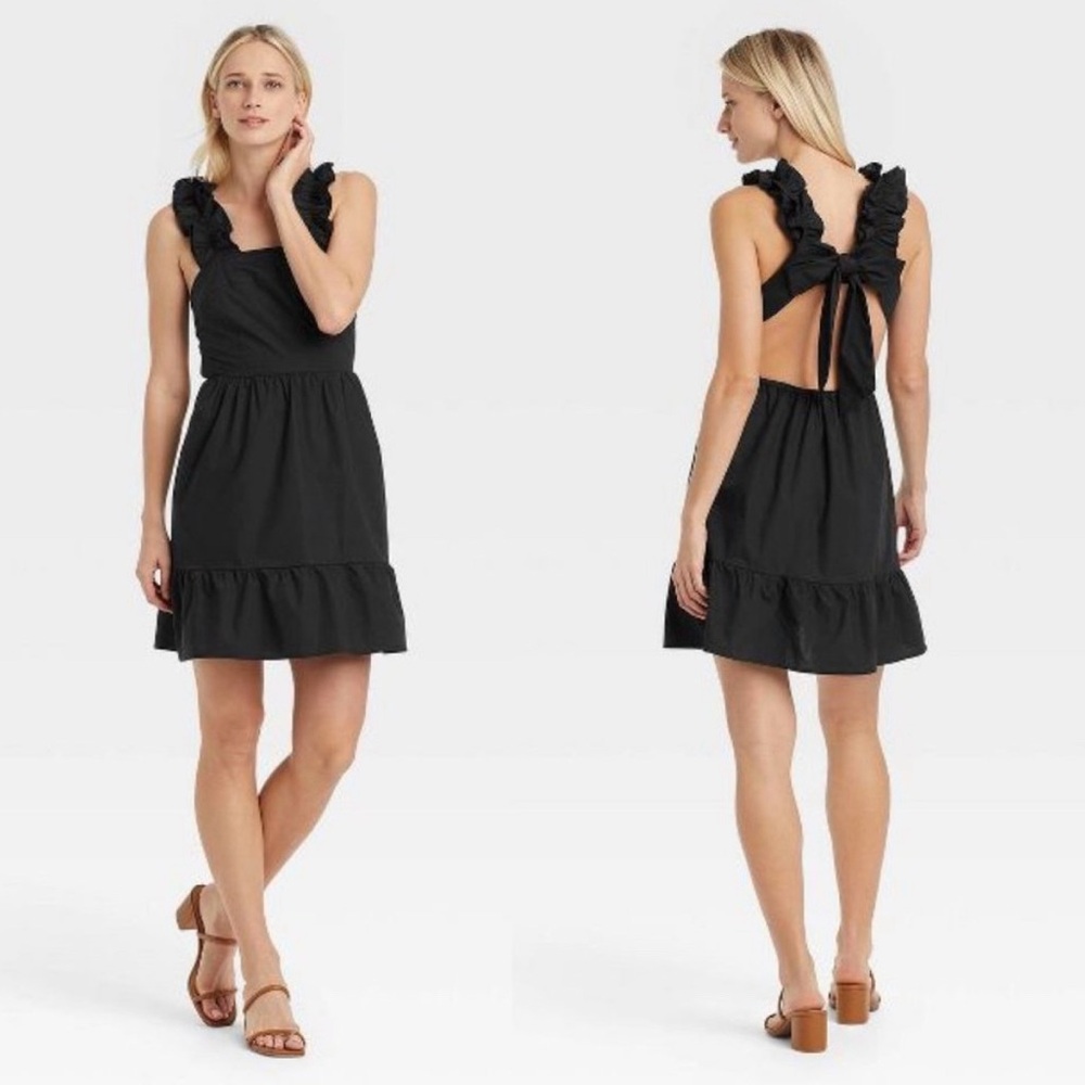 Who What Wear Women’s M Sleeveless Ruffle Bow Tie Open Back Dress Black